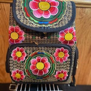 Floral Embroidered Backpack - Black and Multicolor